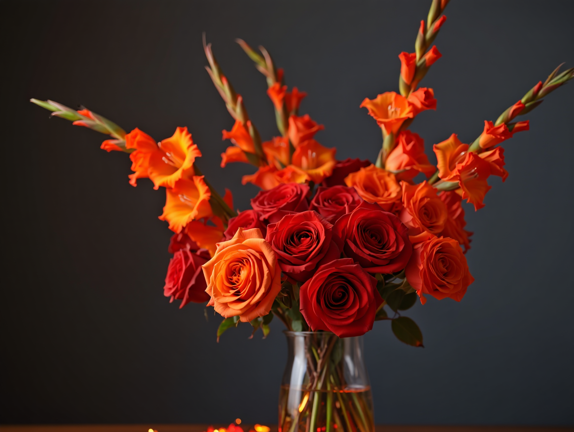 Яркий, огненный букет (красные розы, гладиолусы)