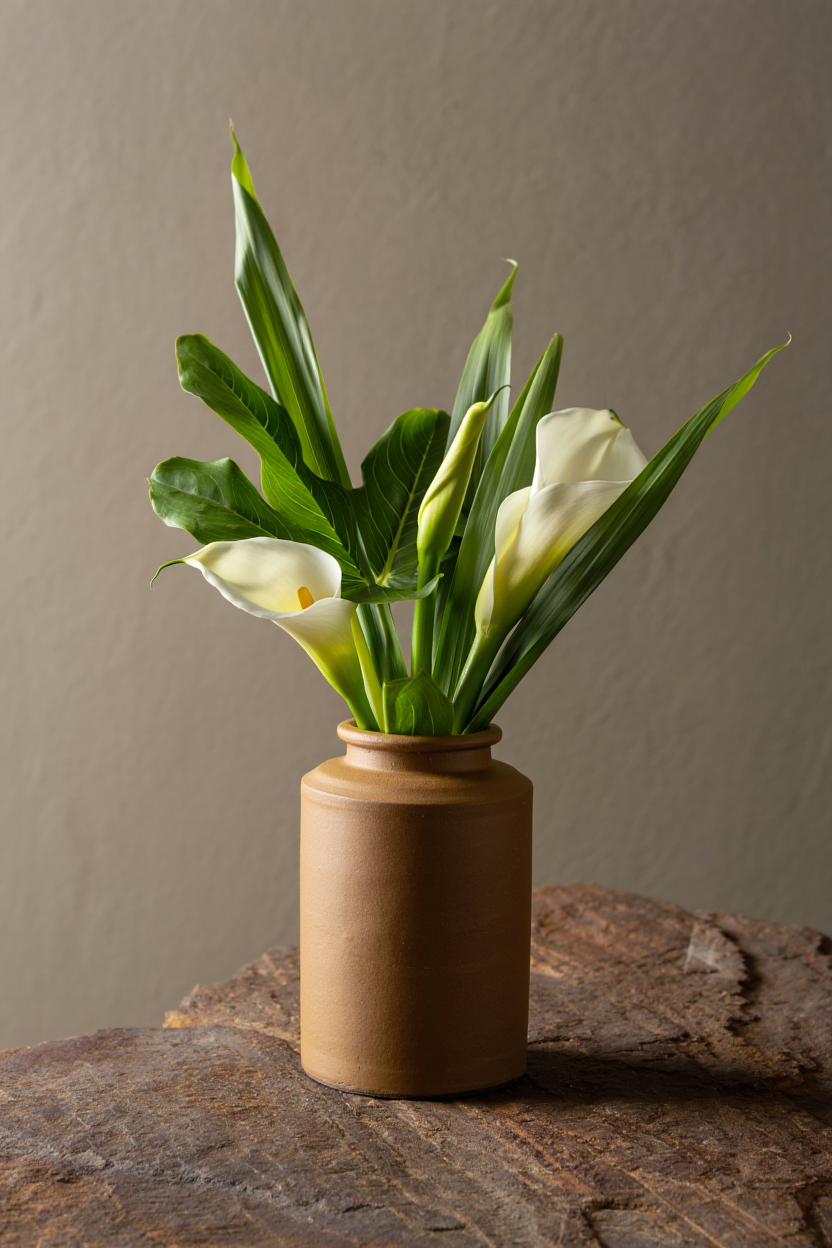 Каллы и хризантемы в керамическом горшке