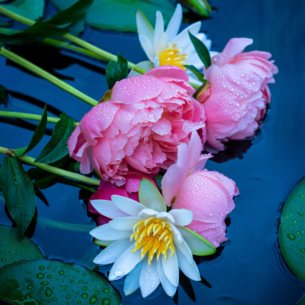 Нежные, водяные цветы (кувшинки, пионы) с каплями росы